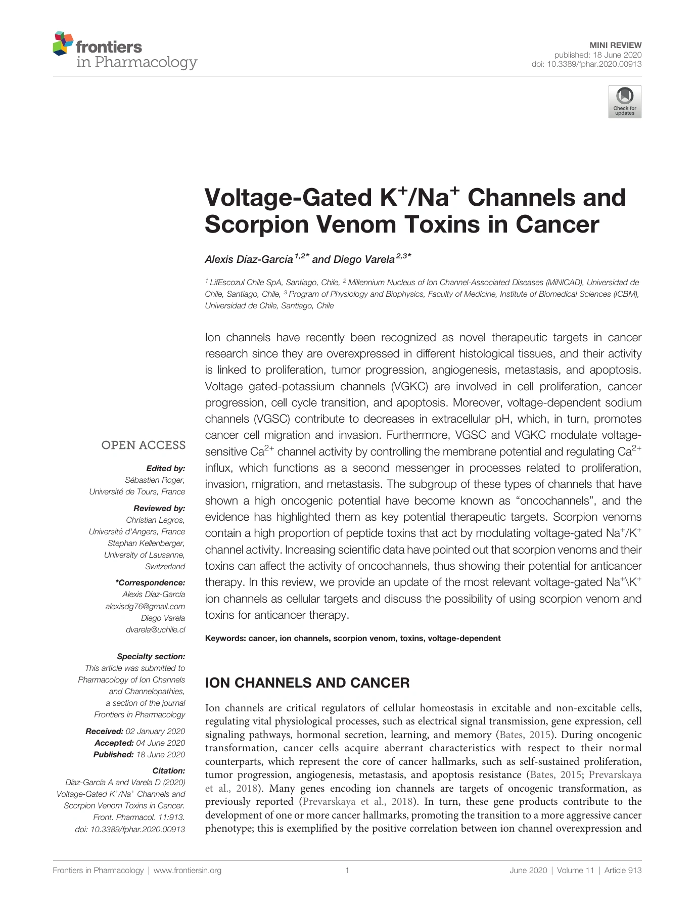 Original first page of the Frontiers in Pharmacology review on ion channels and scorpion venom toxins